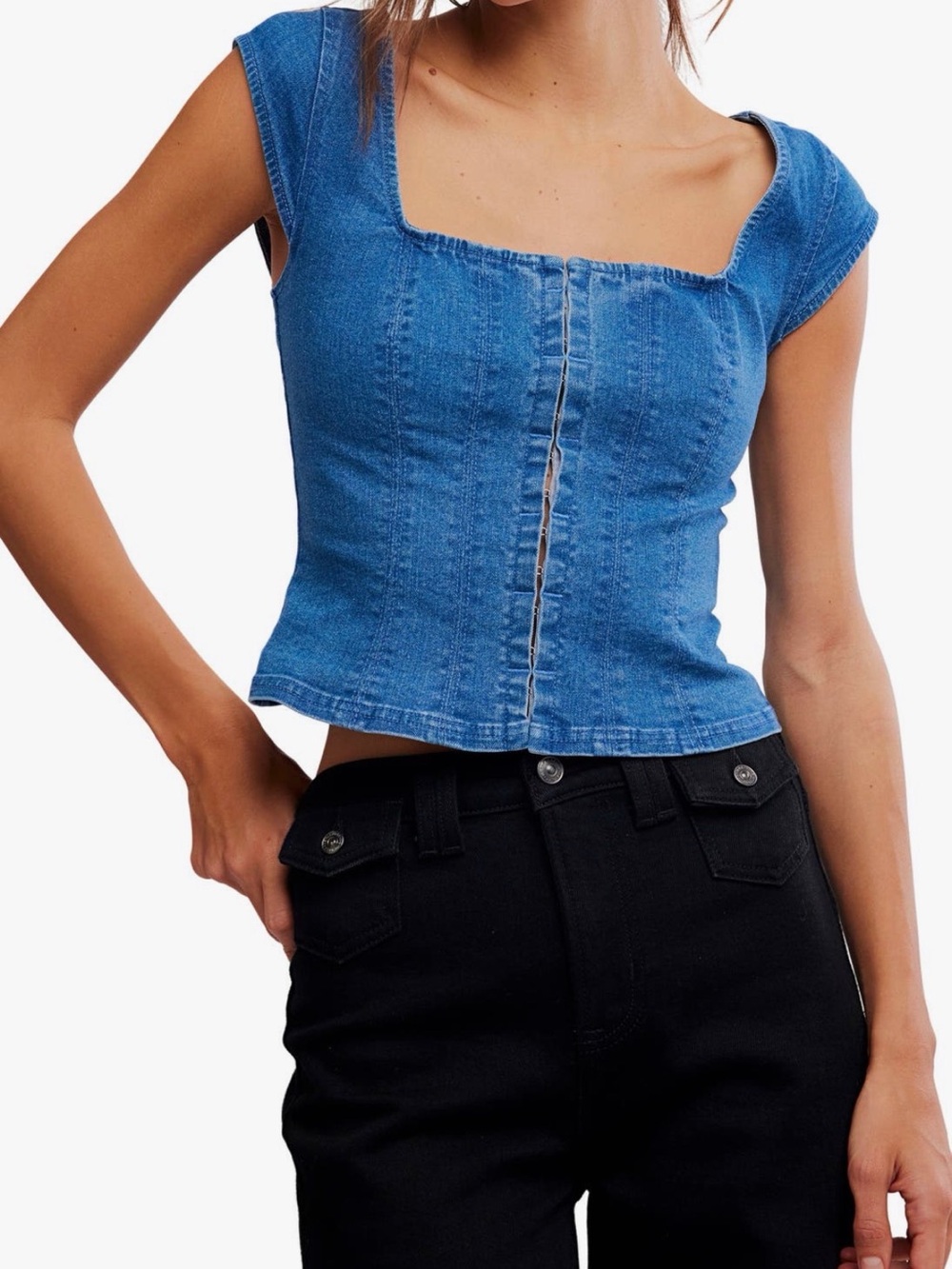 Free People Denim Blue Square-Neck Crop Top